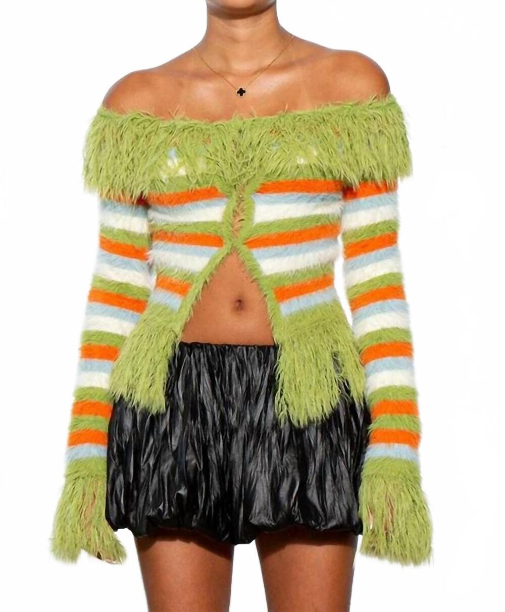 NEW YAZ zuri off shoulder striped shaggy fringed cardigan in green combo